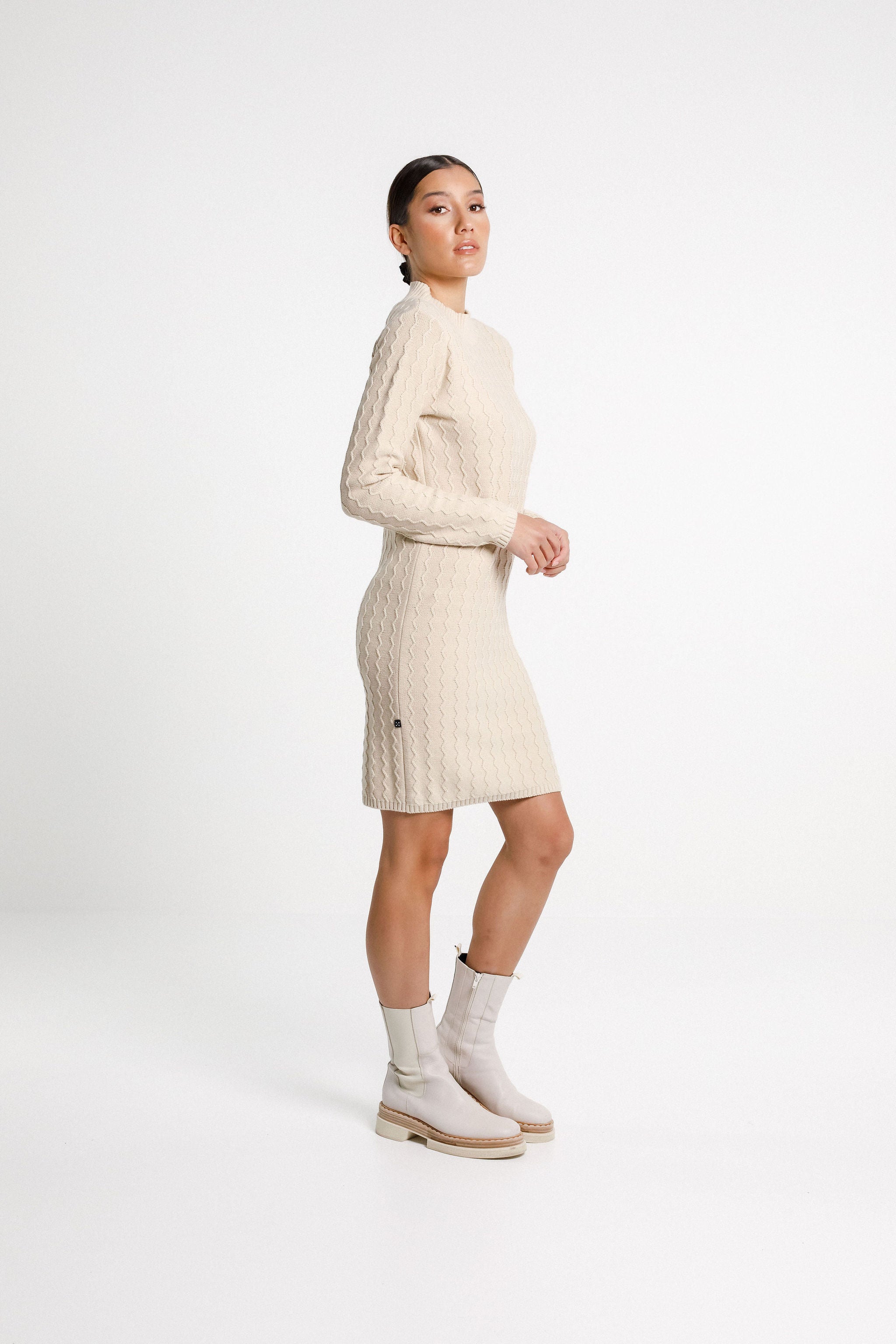 Zigzag Turtle Neck Dress - Latte